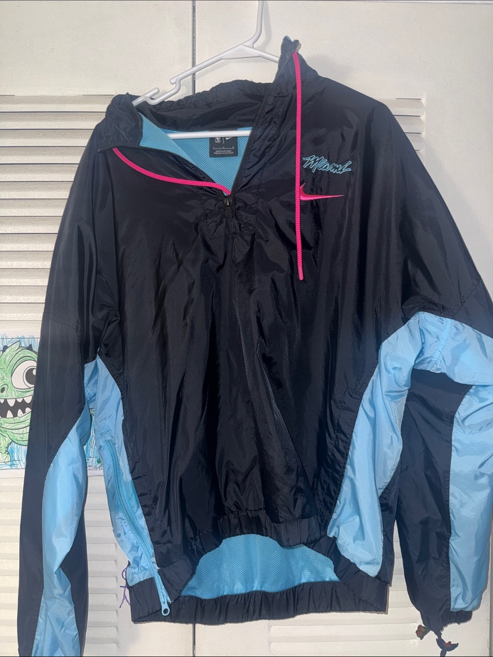 Nike Black Windbreaker Jacket with Light Blue Panels & Pink Accents